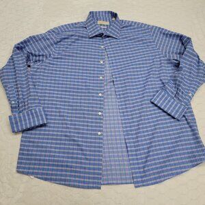 Michael Kors Dress Shirt Mens 18 34/35 Blue Plaid Non Iron Cotton French Cuff